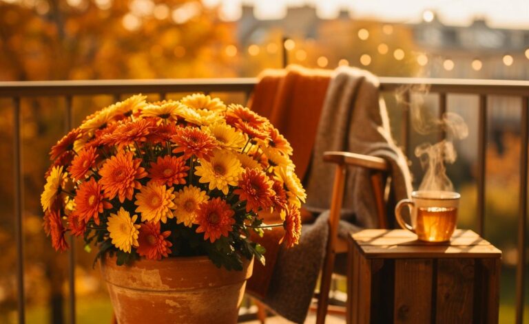 Illustration von Herbst-Chrysanthemen in verschiedenen Farben in Töpfen auf einem sonnigen Balkon mit herbstlicher Dekoration.