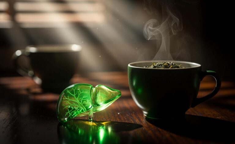 Illustration von grünem Tee, der die Leber wirksamer unterstützt als Kaffee