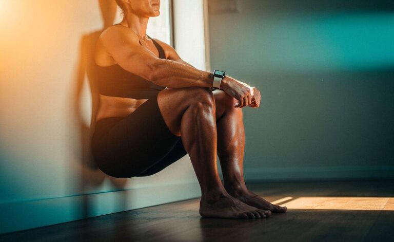 Illustration von [einer Person im Wandsitz an einer Wand – 60‑Sekunden-Übung für straffere Beine ohne Geräte]