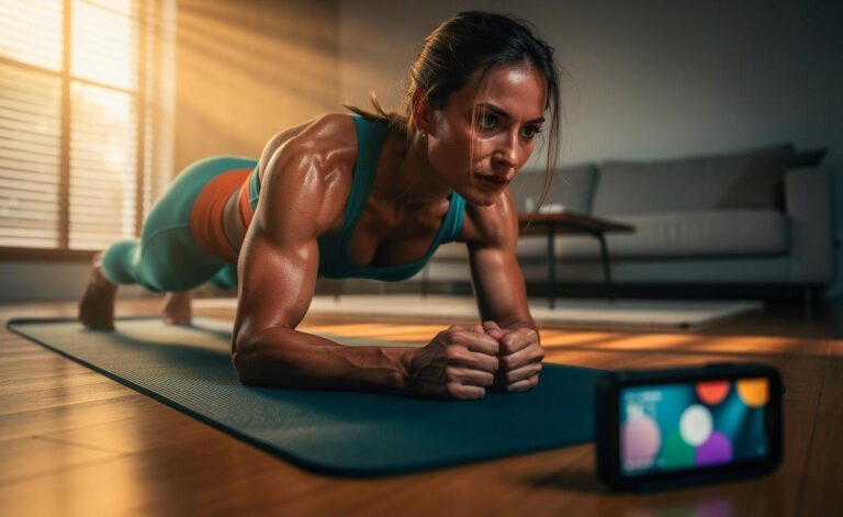 Illustration von [einer trizepsbetonten 90‑Sekunden‑Liegestütz‑Routine ohne Gewichte auf einer Yogamatte mit Intervalltimer]