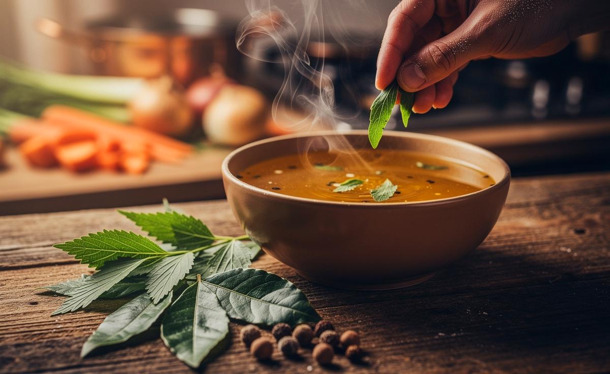 Illustration von Liebstöckel, Lorbeer und Piment als natürliche Würze für eine dampfende Suppe ohne Geschmacksverstärker