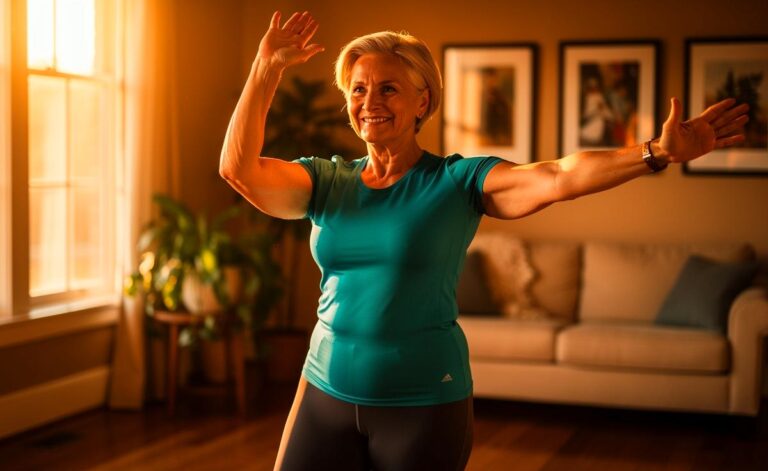 Illustration von einer aktiven älteren Person, die eine sanfte Mobilisationsübung für die Schultern durchführt, um die Beweglichkeit zu erhalten.