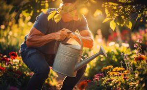 Illustration von einer Person, die ergonomisch korrekt mit geradem Rücken und aus den Beinen heraus eine schwere Gießkanne anhebt, während sie im Garten arbeitet.