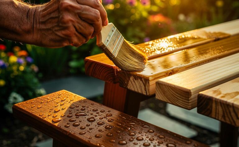 Illustration von [der Anwendung von Tungöl auf Holzschnitt und Schnittkanten im Außenbereich zur Erhöhung der Wetterfestigkeit]