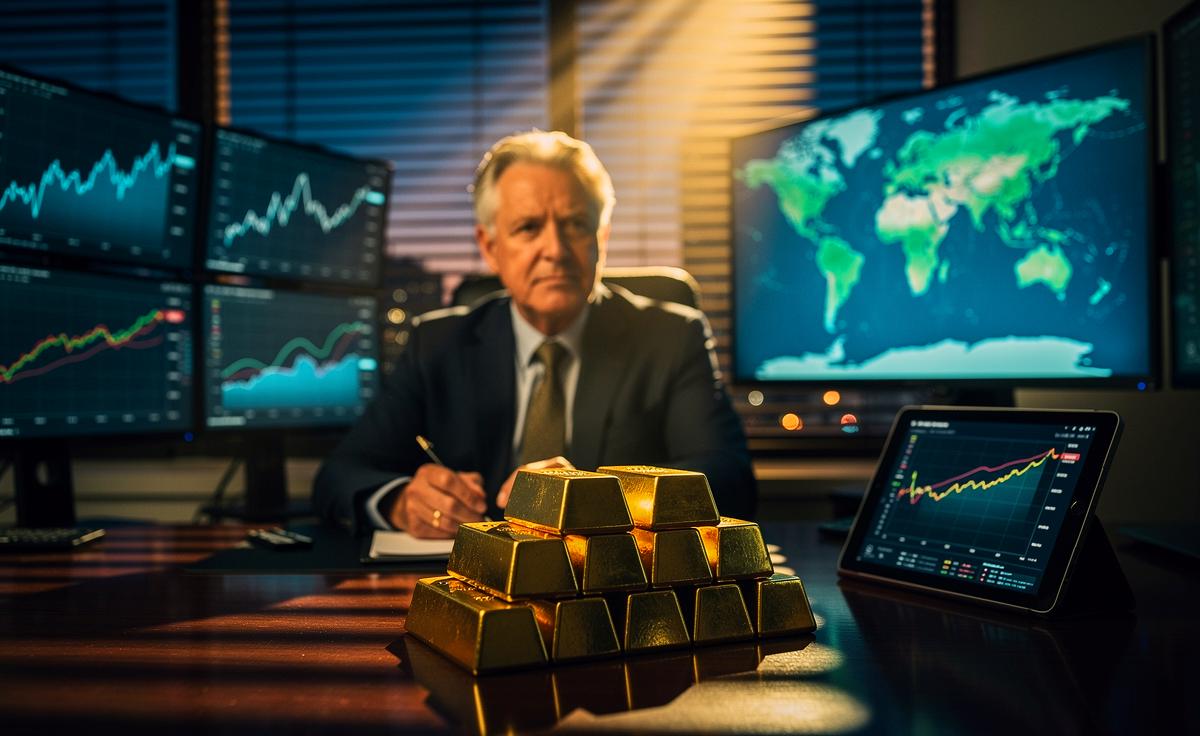 Illustration von einem Ökonomen, der mit Charts und Goldbarren erklärt, warum jetzt der ideale Zeitpunkt für den Goldkauf ist