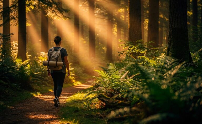 Illustration von einem einstündigen Waldspaziergang, der von Psychologen als nachhaltigere Stressreduktion im Vergleich zu Yoga empfohlen wird