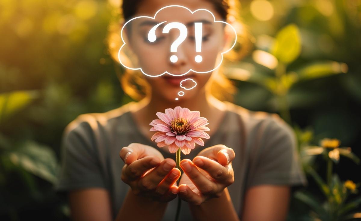 Illustration von einem Nachbarn, der entspannt im Garten sitzt und eine Pflanze betrachtet, während Gedankenblasen mit einem Fragezeichen und einem Ausrufezeichen über seinem Kopf schweben.