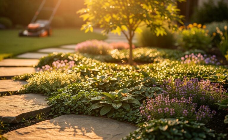 Illustration von einem immergrünen Bodendecker-Teppich als Rasenersatz in einem Garten – mähfrei und ganzjährig dicht