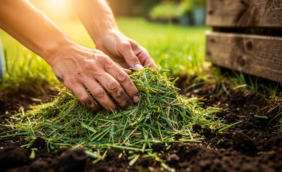 Illustration von fein gehäckseltem Grasschnitt, der als natürlicher Mulch auf einem saftig grünen Rasen liegt und in einen Komposthaufen übergeht.