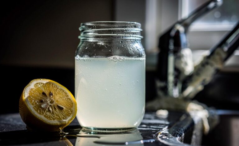 Illustration von einer sprudelnden Zitrone und einer Essigflasche, die gemeinsam Kalkablagerungen auf einem Wasserhahn und einem Duschkopf auflösen.