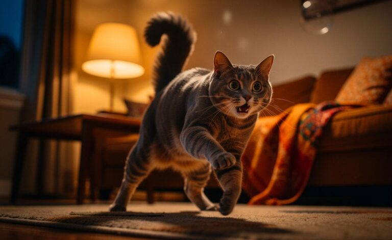 Illustration von einer überraschten Katze mit gewölbtem Rücken und gesträubtem Fell in einem Moment des plötzlichen Herzflatterns, umgeben von stilisierten, unsichtbaren Sinnesreizen.