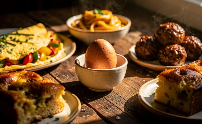 Illustration von einem Hühnerei, das als zentrale Zutat verschiedene kostengünstige Gerichte wie ein Omelett mit Gemüse, Frikadellen und einen Auflauf um sich herum vereint.