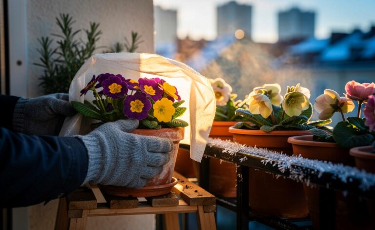 Illustration von Balkonpflanzen im Februar an der frischen Luft; Gärtner härtet sie mit Wintersonne, Wind und Frostschutzvlies auf dem Balkon ab