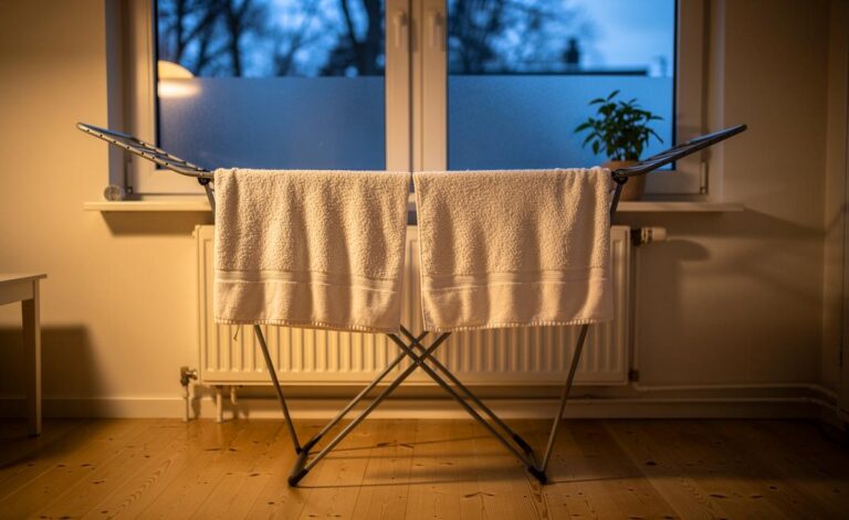 Illustration von aufgehängten feuchten Handtüchern im Winter zur passiven Luftbefeuchtung von Innenräumen