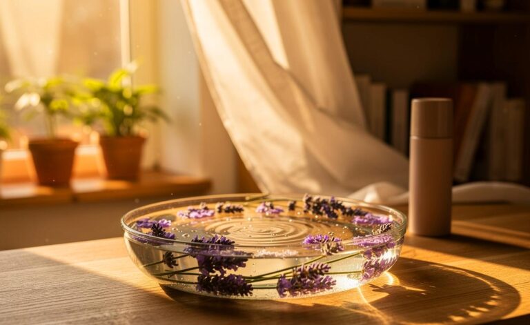 Illustration von einer Wasserschale mit Lavendelblüten in einem Wohnraum für natürlichen Raumduft