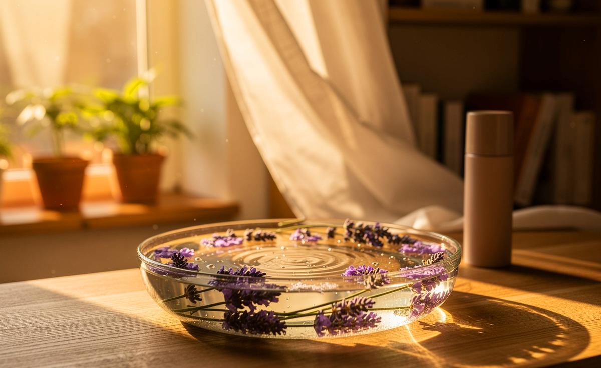 Illustration von einer Wasserschale mit Lavendelblüten in einem Wohnraum für natürlichen Raumduft