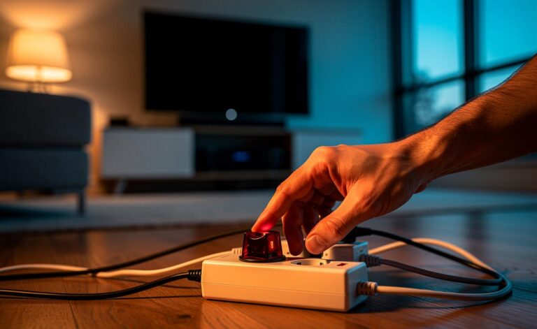 Illustration von einem Fernseher, der über eine schaltbare Steckdosenleiste vollständig vom Stromnetz getrennt wird, um Standby-Verbrauch zu vermeiden und Stromkosten zu senken