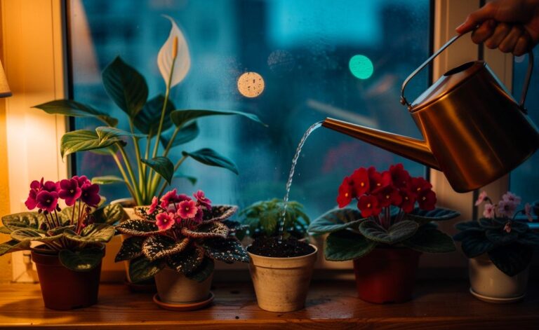 Illustration von abendlichem Gießen der Zimmerpflanzen zur Förderung der Blütenpracht