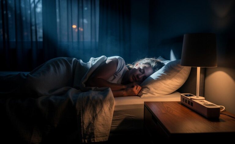 Illustration von einem dunklen Schlafzimmer mit ausgeschalteten Lichtern, schlafender Person, Blackout‑Vorhängen und einer schaltbaren Steckdosenleiste als Stromsparlösung