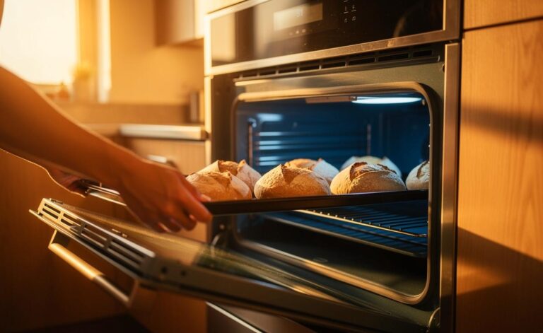 Illustration von [einem Blech mit Brot, das in einen kalten Backofen geschoben wird – Energieeinsparung ohne Vorheizen bei gleichbleibender Qualität]