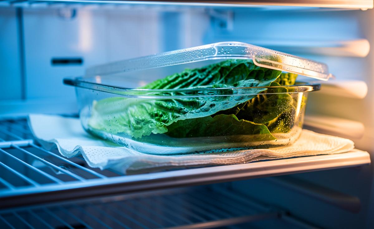 Illustration von feuchtem Küchenpapier unter Salat im Kühlschrank zur Verlängerung der Haltbarkeit