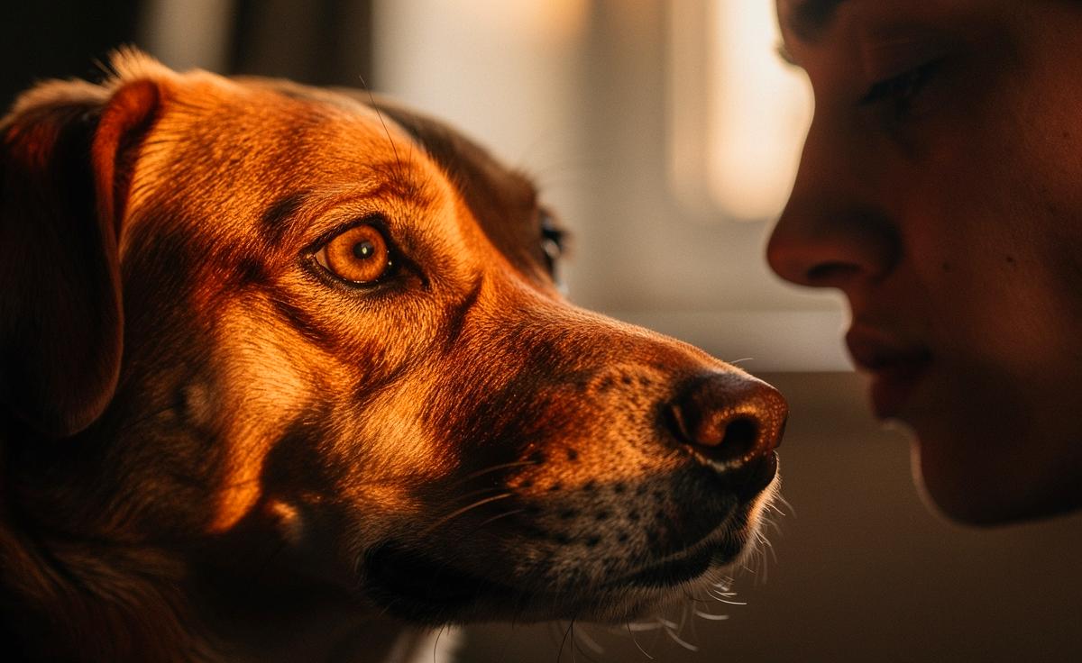 Illustration von einem Hund, der die Gesichtszüge und die Körpersprache seines nachdenklichen Besitzers aufmerksam beobachtet.
