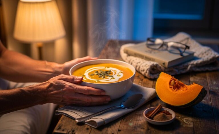 Illustration von einer abendlichen Kürbissuppe als leichtes Schlafritual mit nährstoffreichen Toppings, empfohlen für Menschen ab 50