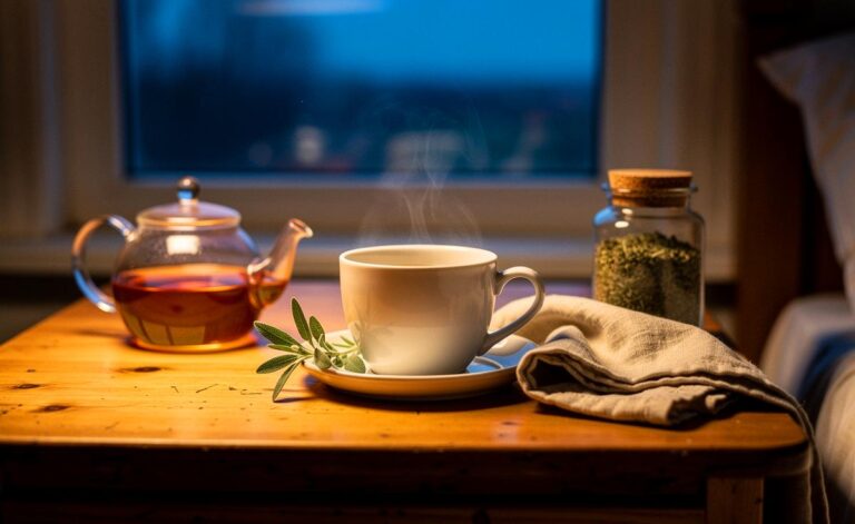 Illustration von einer Tasse lauwarmen Salbeitees am Abend zur sanften Förderung und Beruhigung der Verdauung