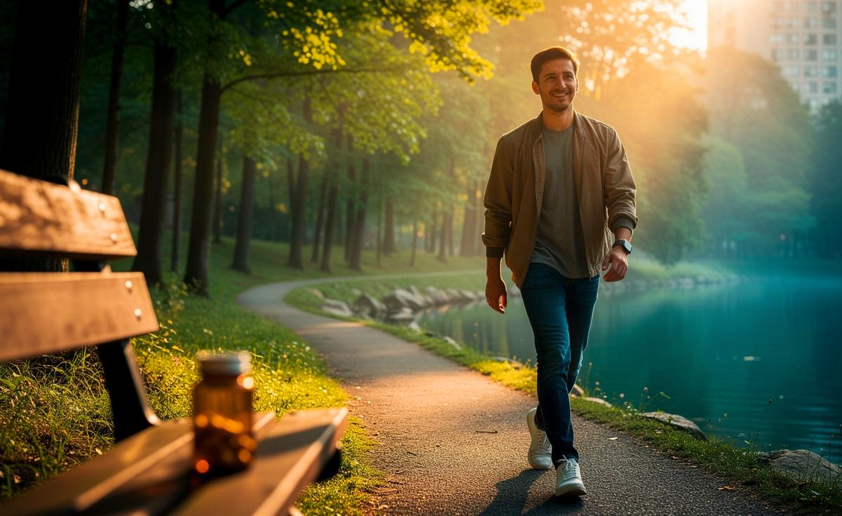 Illustration von Naturspaziergängen als psychologische Intervention bei Erschöpfung anstelle von Medikamenten