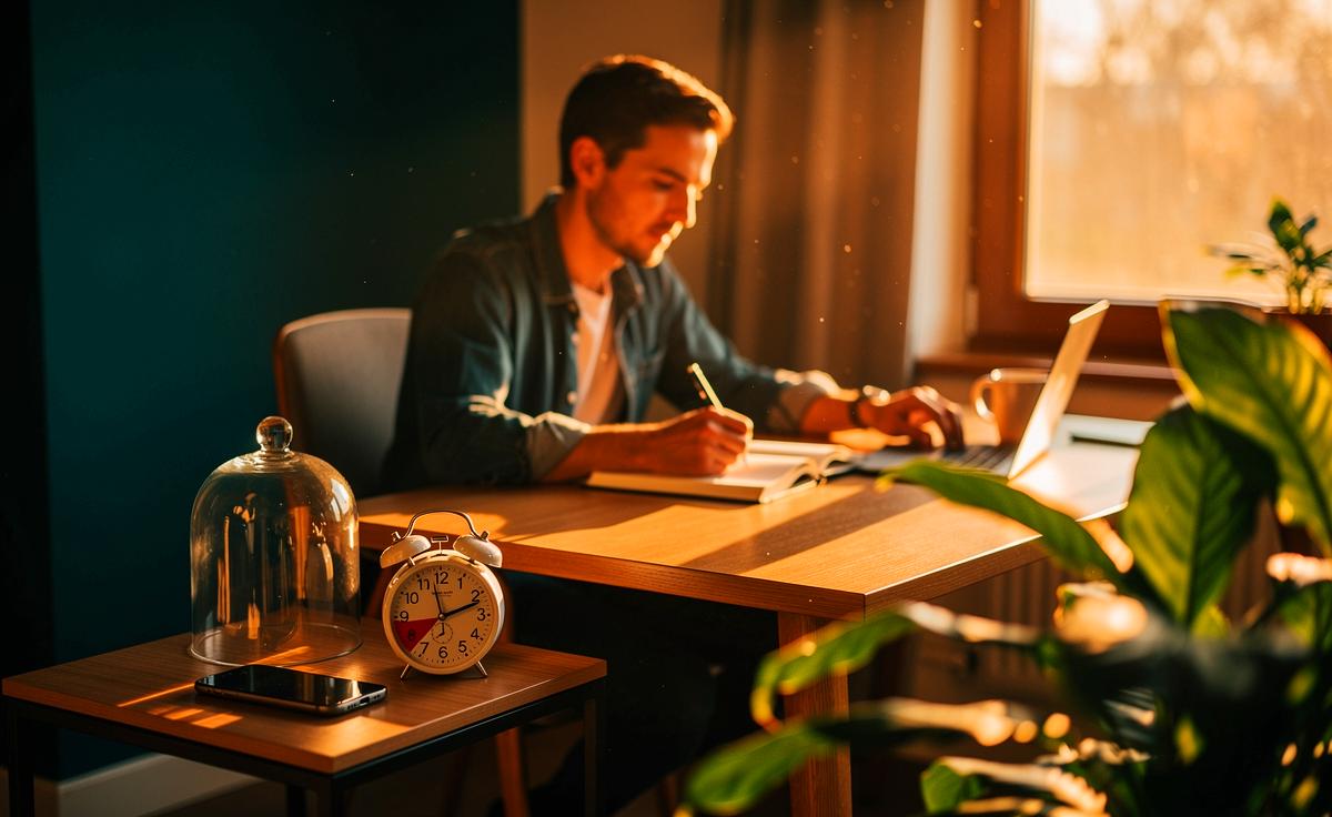 Illustration von einer täglichen 10-Minuten-Pause ohne Handy zur Steigerung der Konzentration