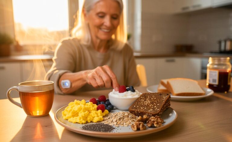 Illustration von einem protein- und ballaststoffreichen Seniorenfrühstück mit Eiern, Skyr, Haferflocken, Nüssen und Beeren anstelle von Weißbrot und süßen Aufstrichen