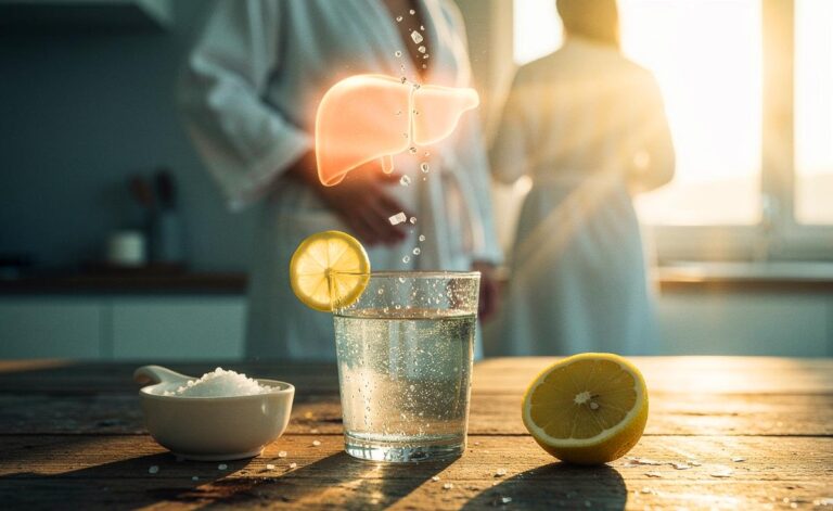 Illustration von [einem Glas Zitronenwasser mit einer Prise Salz auf nüchternen Magen zur Unterstützung der Leber]