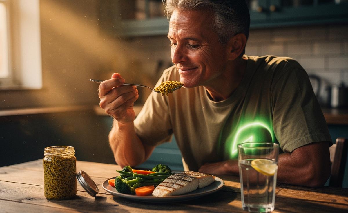 Illustration von einem Löffel Senf zur Unterstützung von Verdauung und Leberfunktion bei Menschen ab 50